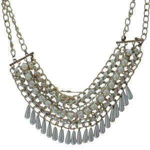 Vintage Elegant Faux Pearl Beaded Net Necklace Bib Collar Gold Tone Statement